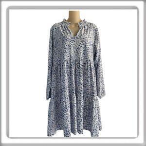 Duffield Lane Blue Floral Long Sleeve Tiered Dress Knee Length Size Large
